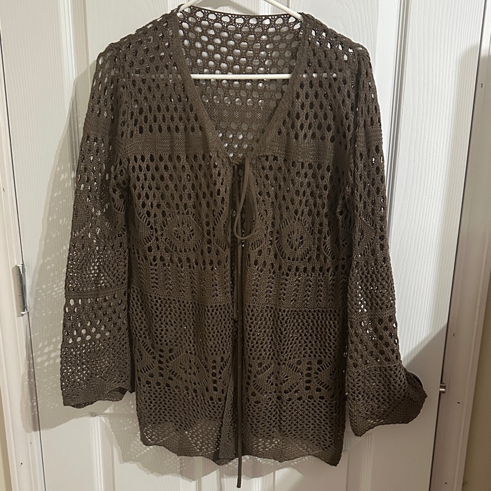 Brown Crochet Open-Front Cardigan